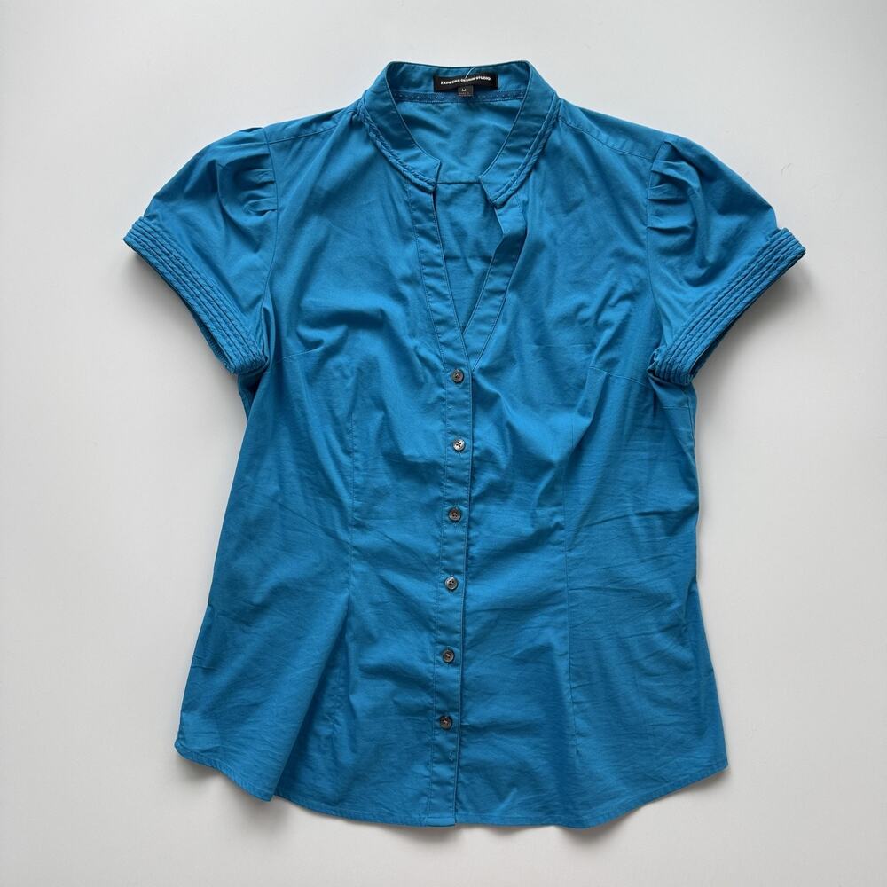 Express Design Studio Blouse Womens M Blue Collared Puff Sleeve Button Top